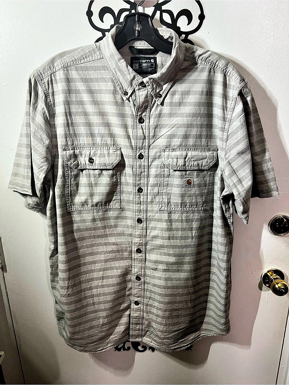 Carhartt Striped Button Down Gray & White Large